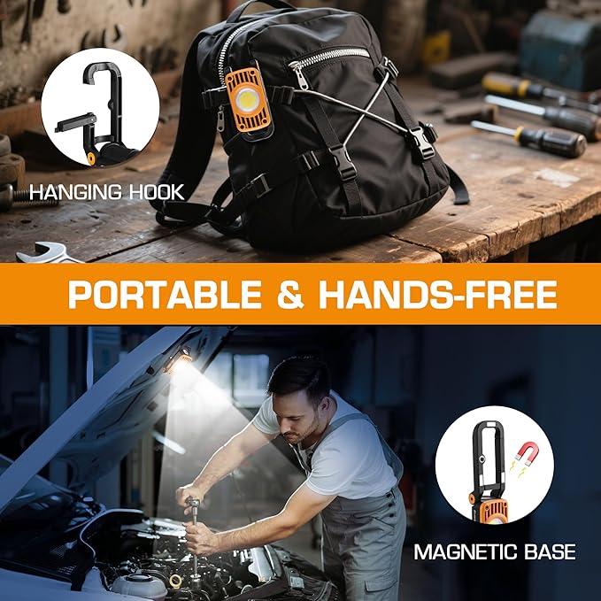 EverBrite COB Rechargeable Folding Work Light, 7 Lighting Modes, 1200 Lumens LED with 180° Adjustable Stand and Hanging Hook, Magnetic Base for Car Repair, Camping, Emergency, Job Site