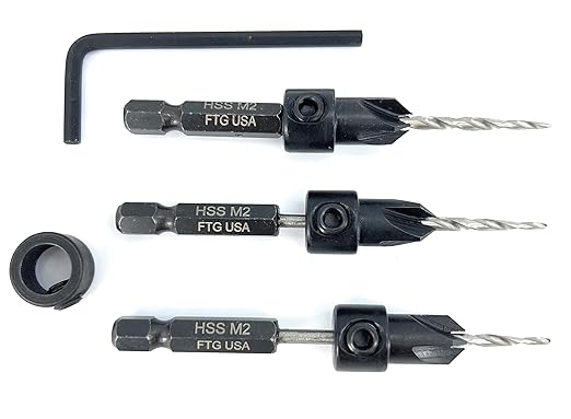 FTG USA Adjustable Wood Countersink Drill Bit Set 3 Pc #4 (7/64"") with Tapered Drill Bit for Woodworking