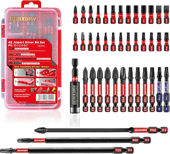 42pieces Screwdriver Bits Set, Impact Magnetic S2 Steel Multi Insert Power Bits Tips with Impact Bit Holder with Storage Box（PH/TORX/SQ/PZ/HEX/SL）