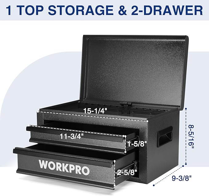 WORKPRO 15 Inch Metal Tool Box with 2 Drawers & 1 Top Storage, Heavy Duty Portable Tool Box with Handle for Garage, Office and Home, Up To 85 LBS Load Capacity