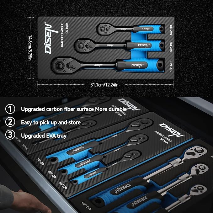DISEN 3pcs Black Ratchet Set (1/2", 3/8", 1/4" Drive) - 90-Tooth Reversible with Non-Slip Rubber Grip, Quick Release & EVA Tray - Professional Ratchet Wrench Handle Kit