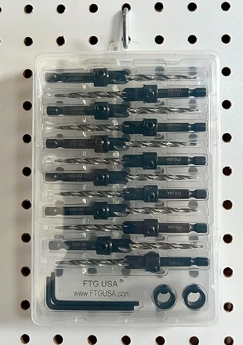 FTG USA 12 Pc #10 (3/16") Countersink Drill Bit Set with Depth Stop Collar, Hex Wrench - Tapered Drill Bits for Wood