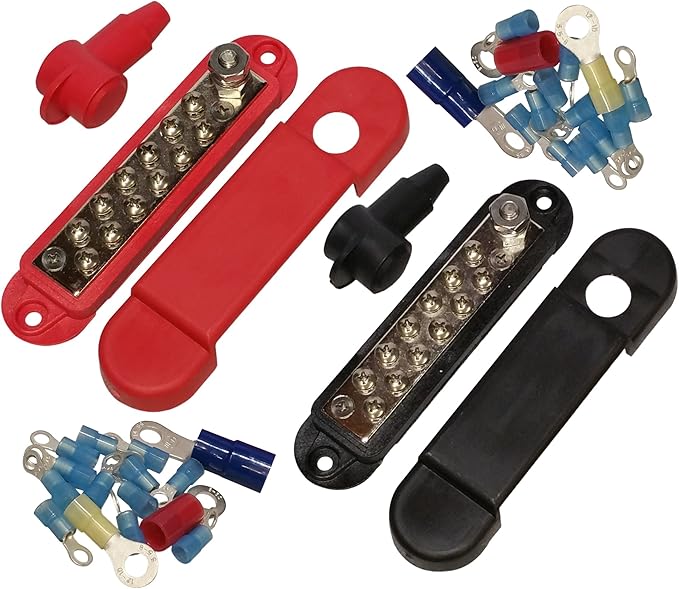 JQuad(Pair - Red & Black) 12 Terminal Distribution Block -BUSBARS- with Ring Terminals