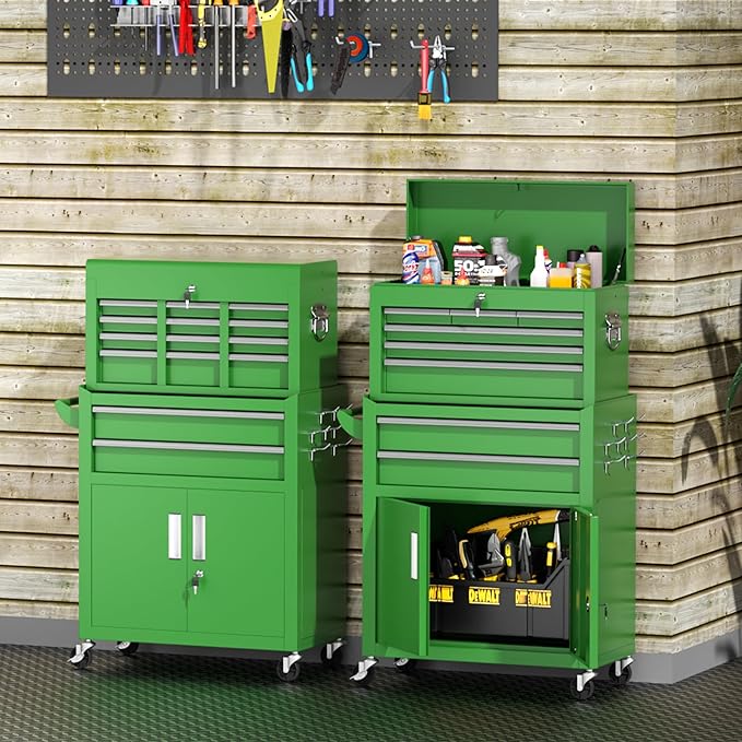 INTERGREAT Tool Chest, Assembled Tool Cabinet with 8 Drawers, Detachable Organized Tool Chests, Lockable Tool Cabinet for Workshop, Warehouse, Mechanics Garage (Green)