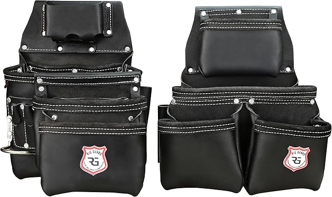 Leather Tool Belt with Adjustable Hook - Premium Heavy Duty Tool Belts for Men with 22 Multi-Purpose Pocket Tool Pouch (Black, Standard), RG-004