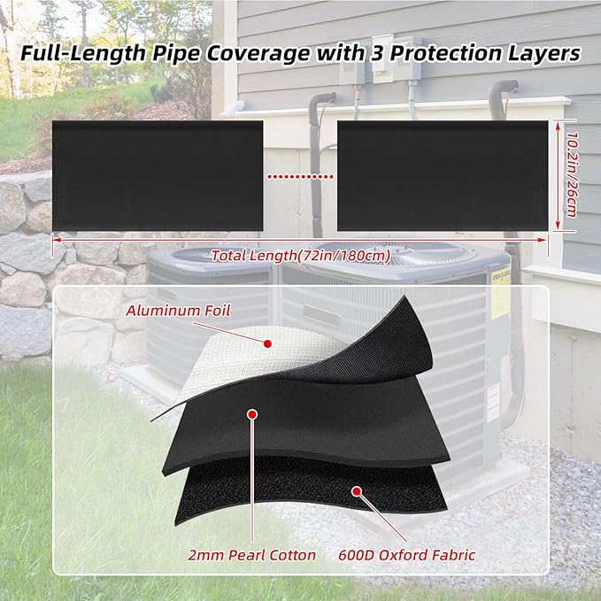 3-Layer 72x10.2 in HVAC Pipe Insulation Cover,Outdoor AC Line Insulation Cover with Waterproof Oxford ,Flexible Sleeve for AC Pipe Insulation Outdoor and Mini Split Systems (Black, 2 Pack)