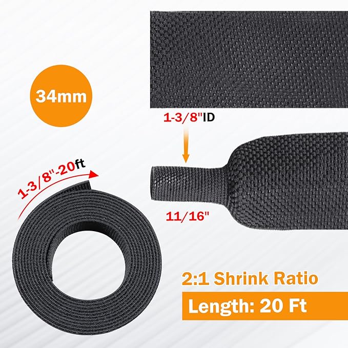 2:1 Ratio Flat Heat Shrinkable Braided Sleeving,Electrical Insulating Tubing,Durable Automotive Fabric Harness Shrinking Sheath (1-3/8"-20ft)
