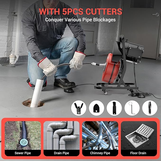 50FTx1/2 Inch Sewer Snake Electric Drain,Drain Cleaner Machine for 2" to 4" Pipes, Plumbing Snake Auger Cleaner with Wheels & 4 Cutter & Foot Switch for Sewer, Sink, Toilet, Bathroom and Shower
