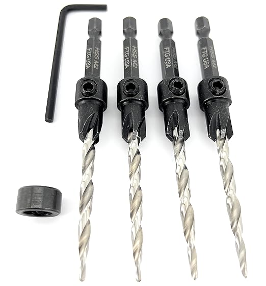 FTG USA Adjustable Wood Countersink Drill Bit Set 4 Pc #10 (3/16") with Tapered Drill Bit for Woodworking