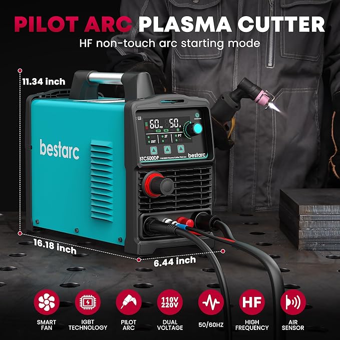 Plasma Cutter, [Pilot Arc][Large LED Display][Air Sensor] 50A bestarc Plasma Cutter Machine 110/220V Dual Voltage, 1/2 Inch Clean Cut 3/4 Inch Max Cut, Post Flow Mesh, 2T/4T for Beginners DIY
