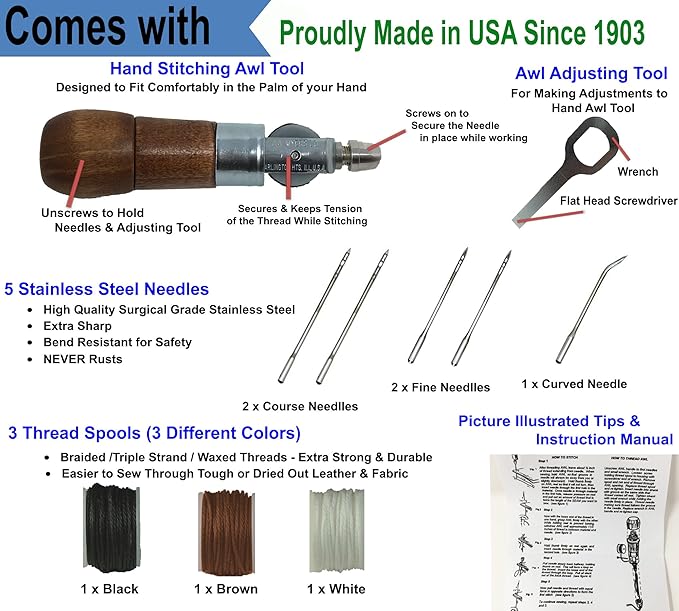 Professional Leathercraft Accessories, Sewing, Stitching Awl Tool Kit & Supplies, HEAVY DUTY - MADE in USA – DIY Craft, Leather, Heavy Fabric, Canvas, Upholstery, Bag, Shoe, Belt Repair Lockstitch Set