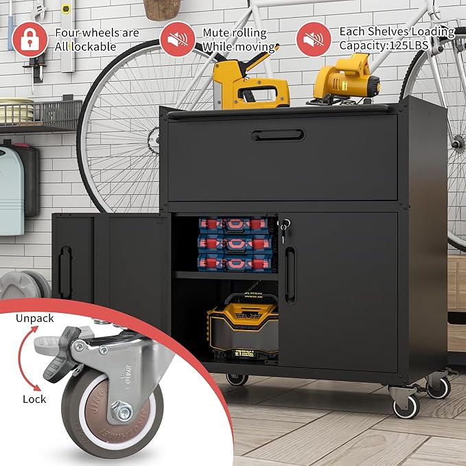 Metal Mobile Tool Storage Cabinet with Wheels,Black Heavy Duty Rolling Tool Cabinets for Garage,Metal Storage Cabinets with 2 Locking Doors and Drawer,Assembly Required