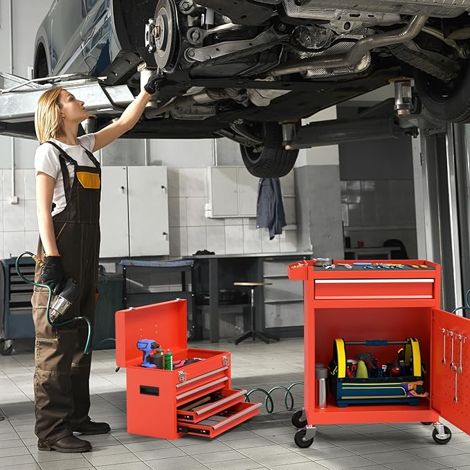 5 Drawer Tools Chest, Tool Cabinet with Universal Lockable Wheels，Tool Box with Detachable Top Box for Workshop(Red)