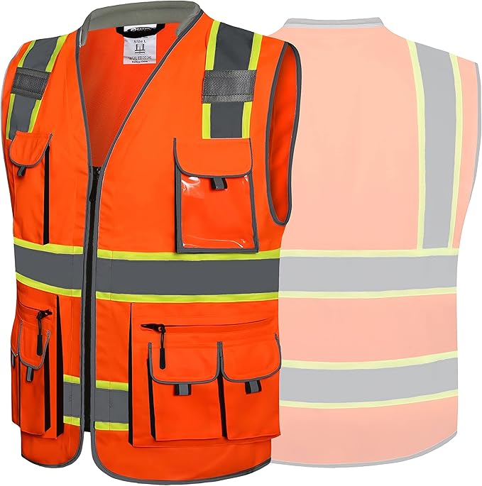 JKSafety 10 Pockets Class 2 Hi-Vis Zipper Front Safety Vest | Cushioned Collar | High Reflective Tapes with Extended Neon Yellow Strips | Meets ANSI/ISEA Standards (XX-Large, 89-Orange)