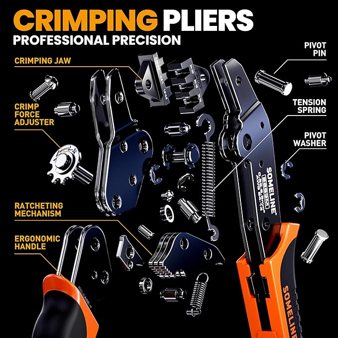 SOMELINE Spade Connector Crimping Tool Kit 24-14 AWG, 40 Types 2.8/4.8/6.3/7.8 mm Non-Insulated Spade Terminals and Terminal Housings - Open Barrel Crimping Tool, Ratchet Wire Crimper Tool