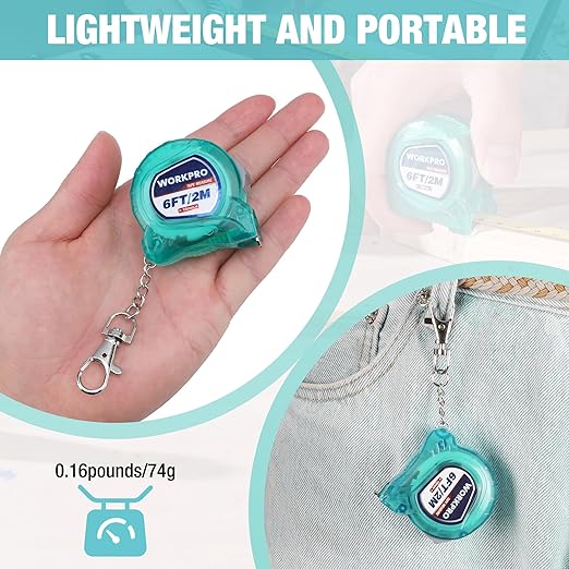 WORKPRO Mini Tape Measure, 2 Pcs 6FT Retractable Easy Reading Keychain Tape Measurement, Inch/Metric Scale Pocket Size Small Tape Measure for Engineer, Portable, ABS Protective Casing, Green