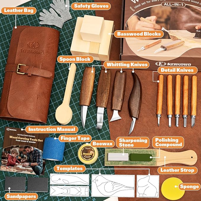 Wood Carving Kit, 32Pcs Wood Carving Tools with PU Storage Bag, Wood Whittling Knife Kit with 4pcs Templates & 11pcs Wood Carving Knives for Wood DIY Beginners