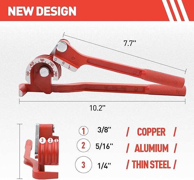 Tube Bender 3-in-1 Tubing Pipe Bender for Soft Copper, Aluminum, Metal, Pipe Bender 180° (1/4" 5/16" 3/8" Red)