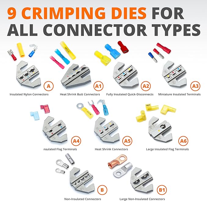 Wirefy Crimping Tool Set 11 PCS - High Leverage Wire Crimper 9" - Heat Shrink, Nylon, Insulated Flag, Non-Insulated Connectors