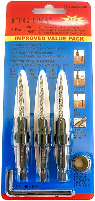 FTG USA Countersink Drill Bit Set for Wood with Tapered Drill Bit 3 Pc #8 (11/64")
