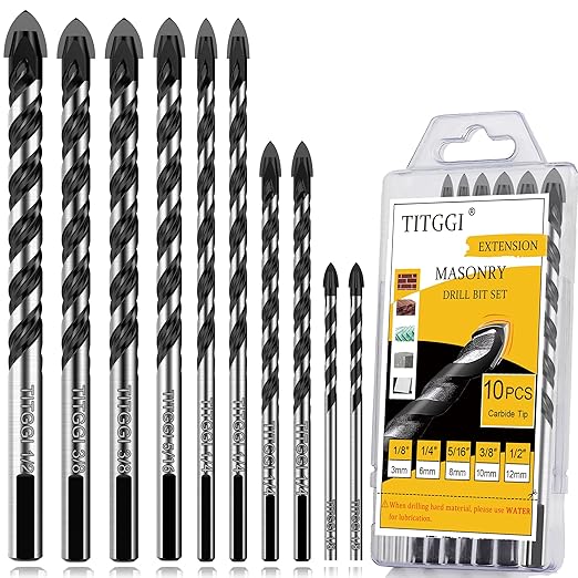 10PCS Masonry Drill Bit Set & Concrete Drill Bit Set, Extension Professional Carbide Drill Bit Set for Glass/Brick/Plastic/Cement/Wood/Tile/Etc, 1/8"-1/2" by TITGG