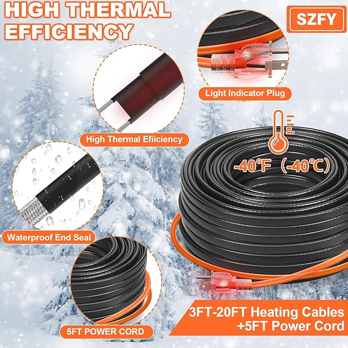 100FT Heat Tape for Water Pipes, -40°F Deicing Cable,Pipe Heating Cables for Roof,Gutter，Farm，Freeze Protetion Heat Trace Cable, Heated Water Hose,Plumbing Fixtures,120V 5W/FT
