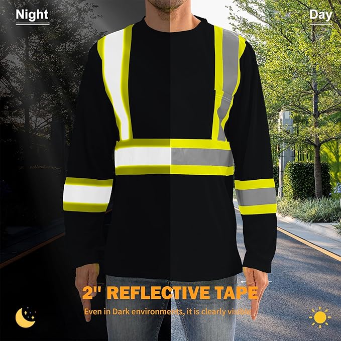 Hi Vis Safety Long Sleeve Shirts，High Visibility Class 3 T Shirts with Reflective Strips and Pocket, Quick Dry Mesh Construction Work Shirt for Men/Women (Black,3XL)