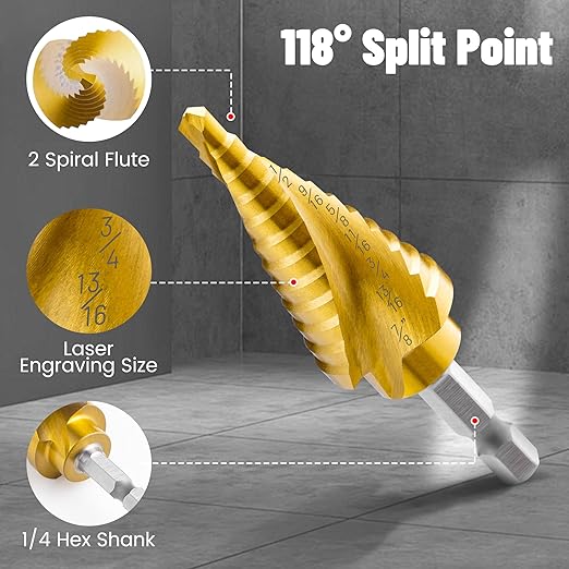3PCS Step Drill Bit Set, Spiral Grooved HSS Titanium Step Drill Bits for Metal, 31 Sizes Stepper Up Bits