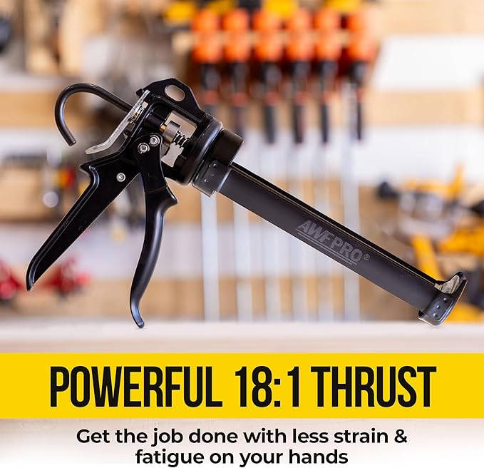 AWF PRO Heavy Duty Caulk Gun, 18:1 Thrust Ratio, Steel Frame Construction, Rotating Barrel, Ladder Hook, Puncture Tool & Dripless Pressure Release Tab (Pack of 6, 29 oz Caulking Gun)
