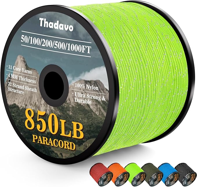 Reflective Paracord Rope 850Ib, 50/100/200/500/1000ft 4MM 11 Strand Parachute Spool Cord, Paracords Lanyard String for Tent, Camping, Clotheline, Hiking, Survival Bracelet, Neon Green 200FT