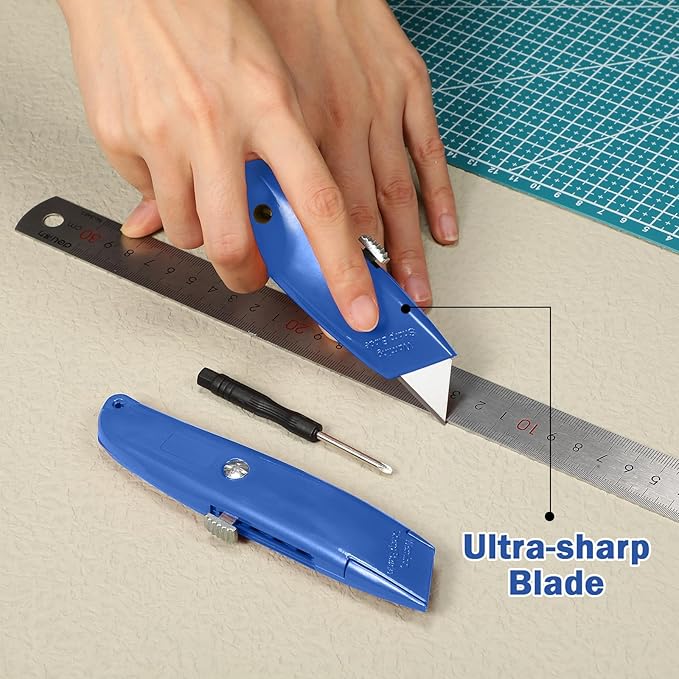 Reginary 20 Pcs Box Cutter Bulk Retractable Utility Knife Heavy Duty Aluminum Alloy Razor Knife for Cardboard Box Carton Opener for DIY, Factory, Home Office(Dark Blue)