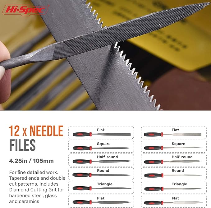Hi-Spec 18 Piece Metal Hand & Needle Files Tool Set Kit. Large & Small Mini T12 Carbon Steel Diamond Flat, Half, Round, Triangle Files for DIY, Wood and Crafts. Complete in a Zipper Case with Brushes