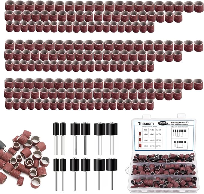 Tnisesm 210Pcs Aluminum Oxide Sanding Drum Set,Including 198 Pieces 80 120 240Grit Drum Sander Sanding Sleeves and 12 Pieces Drum Mandrels for Dremel Rotary Tool,Sanding Drums with Box