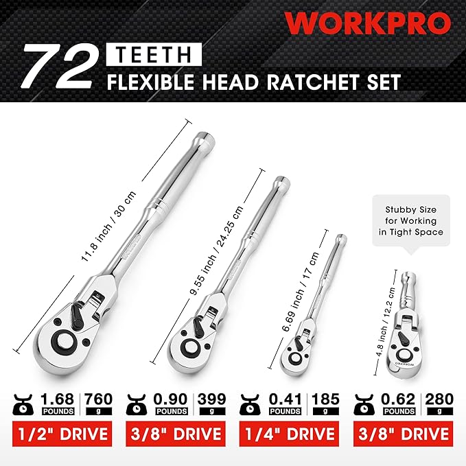 WORKPRO 4-Piece Flex Head Ratchet Set, 1/4", 3/8", 1/2" Drive, 3/8" Stubby, 72-Tooth Ratchet with Chromium Plating Quick Release Reversible Design, 5 Degree Swing