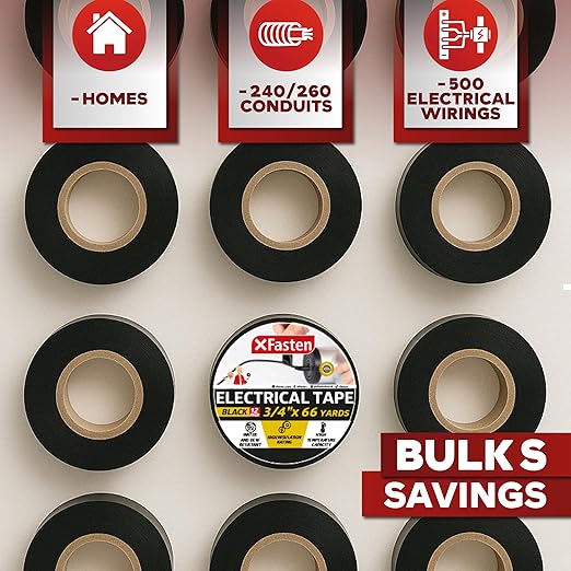 XFasten Electrical Tape Black 3/4 Inch x 66 Feet 12-Pack (792 Feet Total) UL/CSA Listed High Temp Residue-free Vinyl Automotive Electric Tape Waterproof (Black, 3/4 Inch x 66ft (12-Pack 792 ft Total))