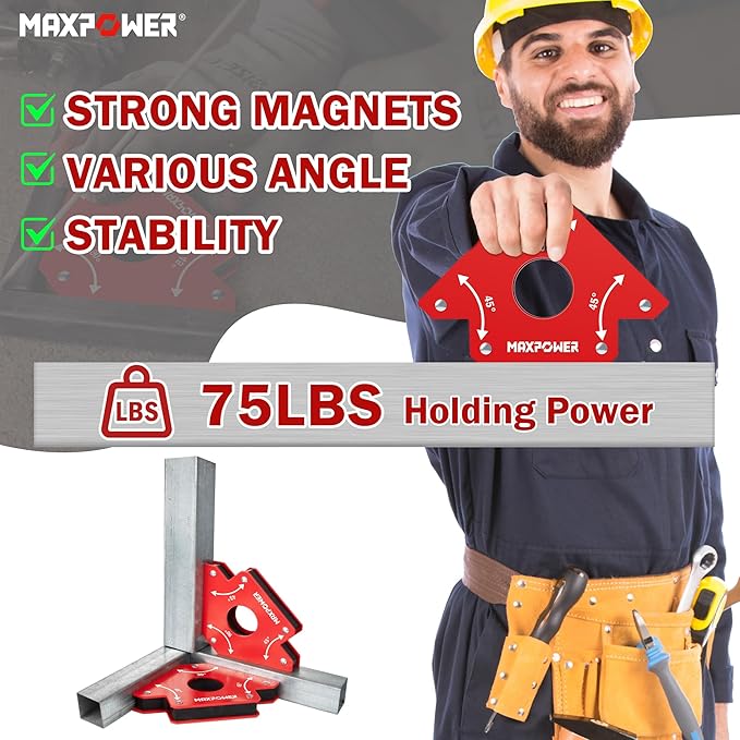 MAXPOWER Welding Magnets, 2-piece Welding Magnet Set, 75 LBS Holding Power Welding Accessories, 45° and 90° Angle Welding Magnet Holder for Welding Work
