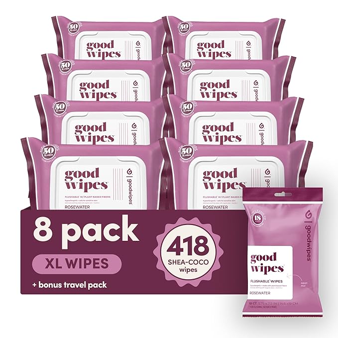 goodwipes Flushable Butt Wipes - Vitamin E & Aloe - Sewer & Septic Safe - Extra Large Adult Wet Wipes For Women & Men - Bathroom Essentials - Rosewater, 418 Count (8 Packs + 1 Travel)