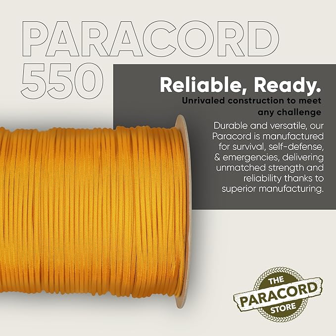 The Paracord Store | Type III 550 Paracord - 1000 FT Spool, Goldenrod | Heavy Duty 7 Strand Tactical Paracord - USA Made Nylon Outdoor Parachute Cord for Camping, Fishing & More - Survival Cord