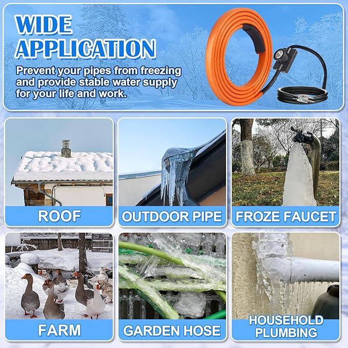 FANOVO Pipe Heat Tape with Thermostat, 12ft Heat Tape for Water Pipes, Heating Tape for Water Pipes or Hose, Self Regulating Heat Tape Cable, for Metal Plastic Pipes and Roof RV Freeze Protection