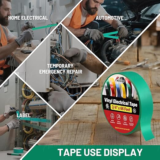 RED WOLF 10 Pack Green Electrical Tape 3/4 Inch x 66 Ft Industrial Grade UL/CSA Listed 7 Mil Thick Flame Retardant High Temp Waterproof Electrical PVC Tape Electric Super Vinyl Rated 600V