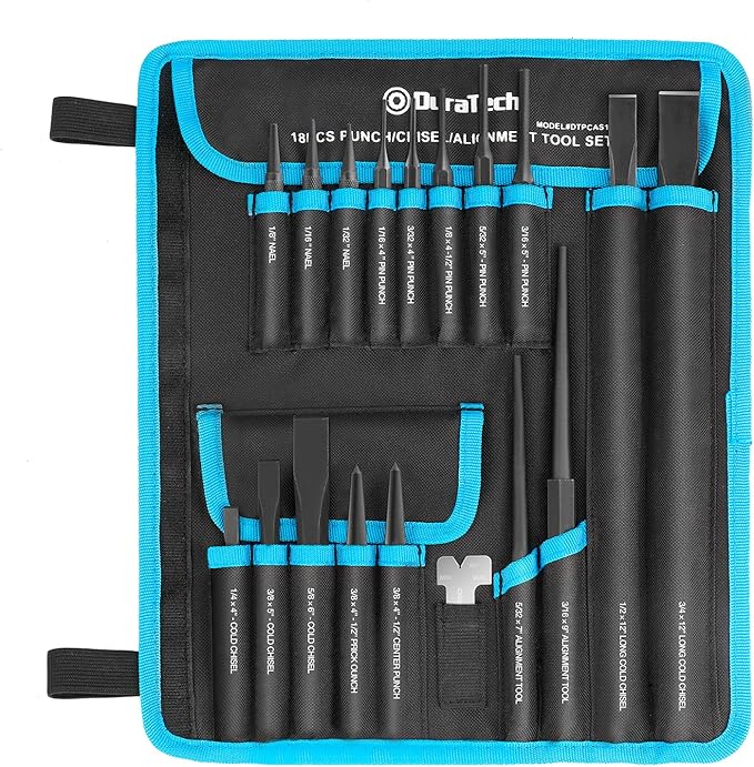 DURATECH 18 Piece Punch/Chisel/Alignment Tool Set, Including Pin Punch, Center Punch, Nail punch, Alignment Tool, Cold Chisel, Chisel Gauge, for Removing Repair Tool, with Rolling Pouch