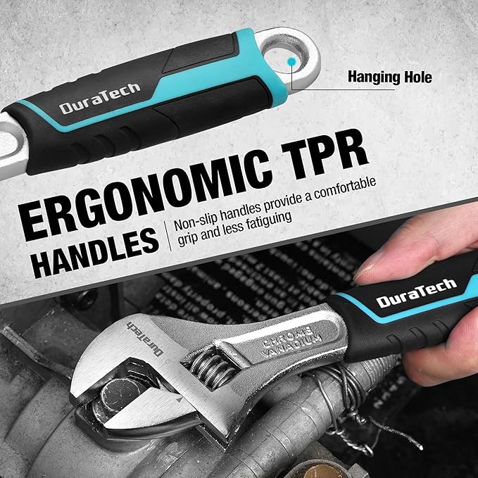 DURATECH 3-piece Adjustable Wrench Set, 6-Inch& 8-Inch& 10-Inch Wrenches, Wide Jaw Wrench, Metric & SAE Scales, Cr-V Steel, for Home, Garage, Workshop