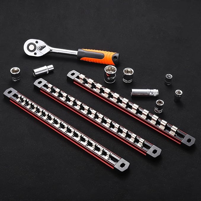 ALOANES 3-Piece Magnetic Socket Organizer, Heavy Duty Aluminum Socket Rails Organizer, Socket Rail Holder for Tool Box, 1/2, 3/8, 1/4-Inch Socket Holder x 39 Stainless Clips (Red)