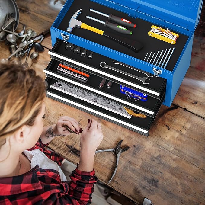 Goplus Tool Box with 3 Drawers, 4-Tier 20" Portable Tool Chest Organizer with Top Tool Tray, Auto Lock, Protective Liner, Handle, Steel Metal Small Toolbox for Gargae, Workshop, Home