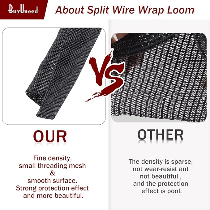 Black Braided Cable Management Sleeves Wire Loom Tubing Cord Protector Self-Wrapping (3/8"-20Feet)