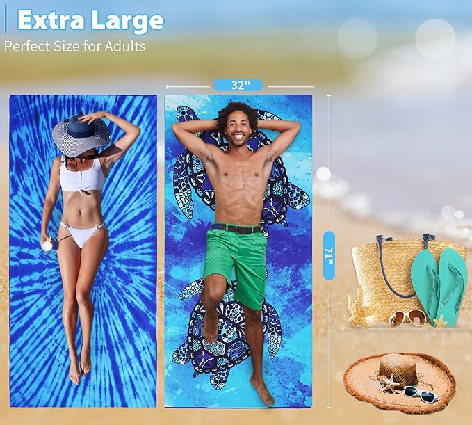 2 Pack Microfiber Thin Lightweight Beach Towel Oversized 71x32 Extra Large Sand Free Towels for Travel Swim Pool Yoga Gym Camping for Adults Women Men Beach Essentials Accessories Vacation Gift