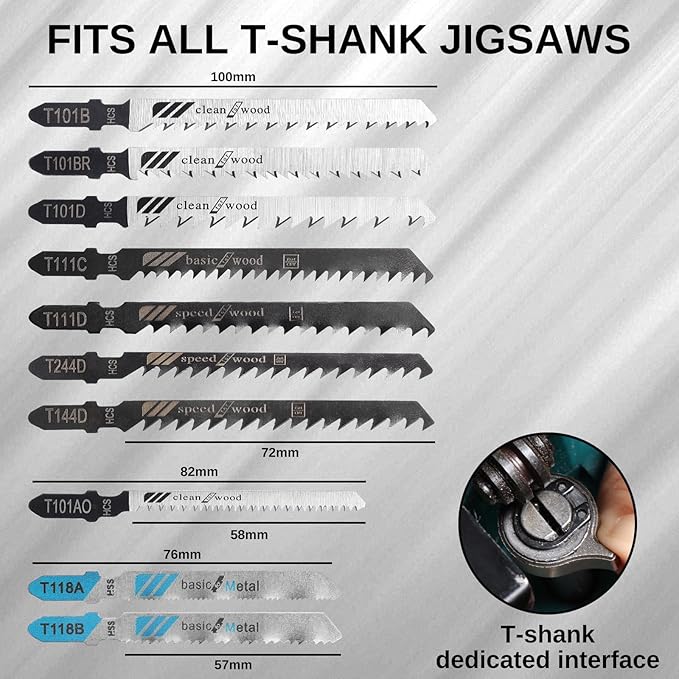 10-Pcs T-Shank Multi-Purpose Jigsaw Blades Set with Storage Case, Made with HCS/HSS, Assorted T-Shank Jig Saw Blades for Wood, Plastic and Metal Cutting (JSB10A)