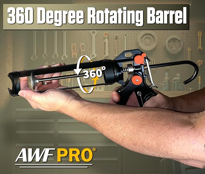 AWF PRO 10 oz Dual Thrust Caulk Gun - 25:1 or 12:1 Thrust Ratio, Dripless, Rotating Barrel, Comfort Grip, with Built-In Puncture Tool