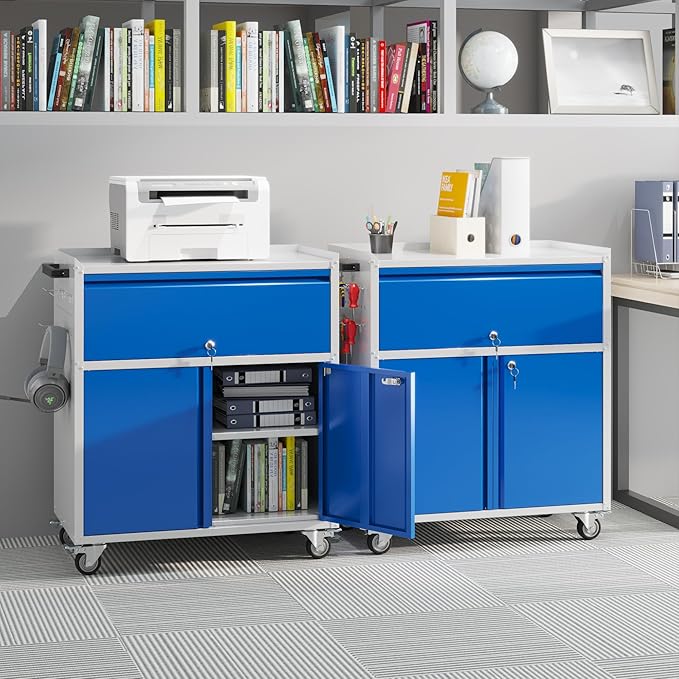 Aobabo Metal Cabinet with Wheels, Metal Garage Cabinet with 1 Drawer and 4 Hooks, Small Rolling Tool Storage with Pegboard and Handle, Assembly Required, Blue Grey