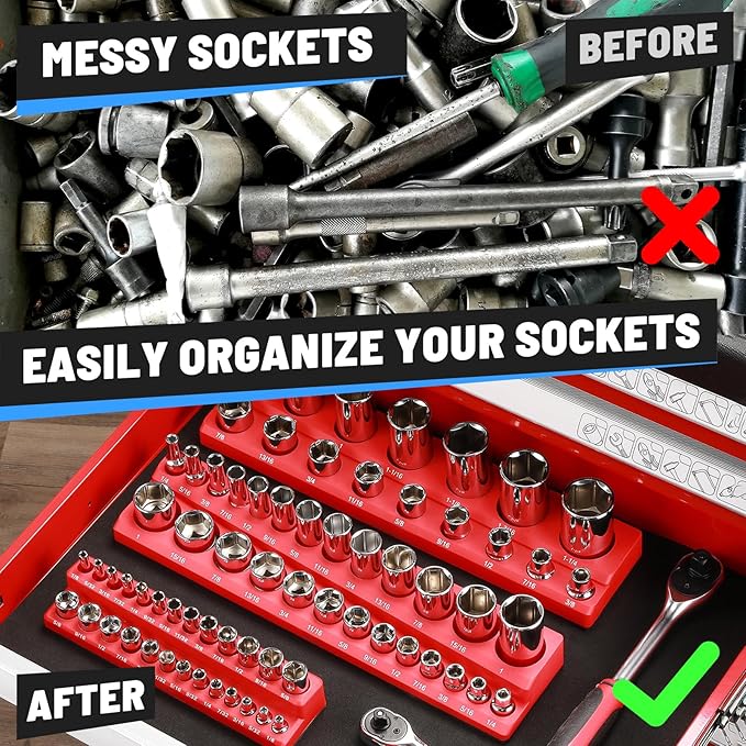 Magnetic Socket Organizer Set, 6pcs Metric SAE Magnetic Socket Holder Set Includes 1/4", 3/8", 1/2", Socket Trays Holds 143pcs Standard&Deep Size Sockets for Tool Box Drawers Tool Carts Mechanics